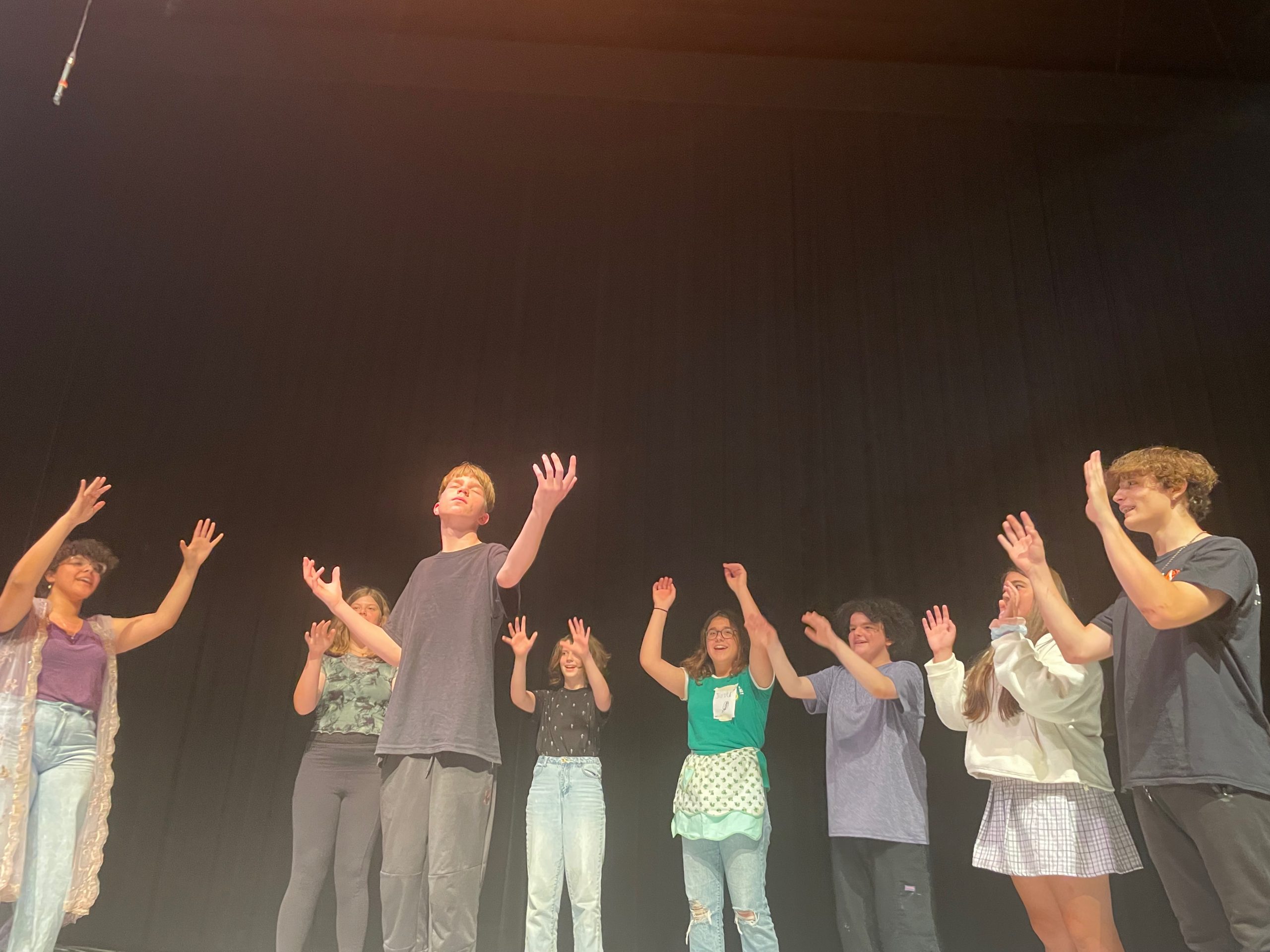 group of young people with hands up
